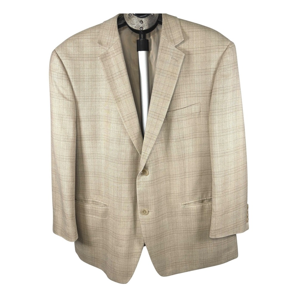 Michael Kors Mens 46S Silk Wool Blend Plaid Blazer Tan Beige Sport Coat 2-Button